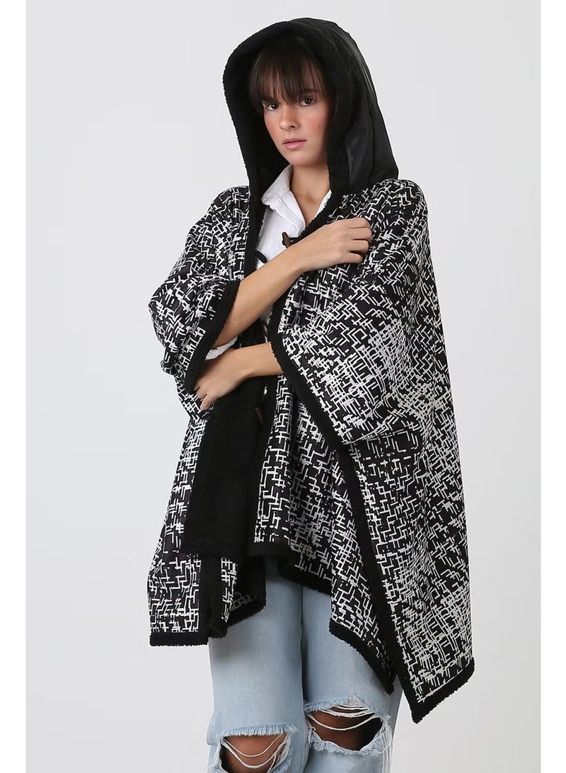 Hamur Dough Hooded Oversize Buttoned Inside Black Plush Velvet Coat Tweed KK-803 - Image 1